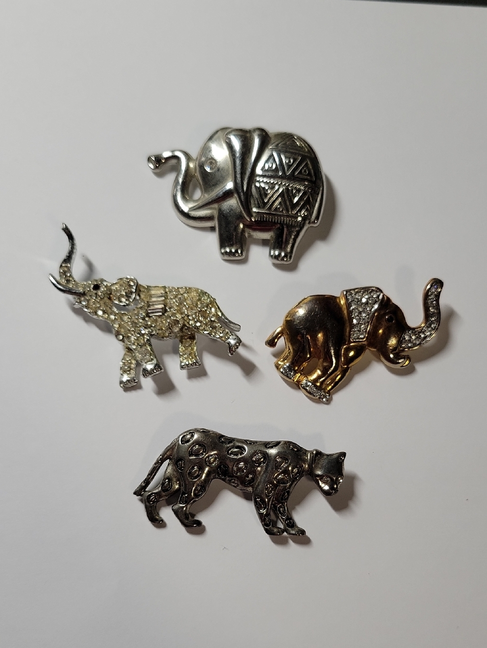 Assorted Elephant and Leopard Brooch Pin Set - Silver & Gold Tones
